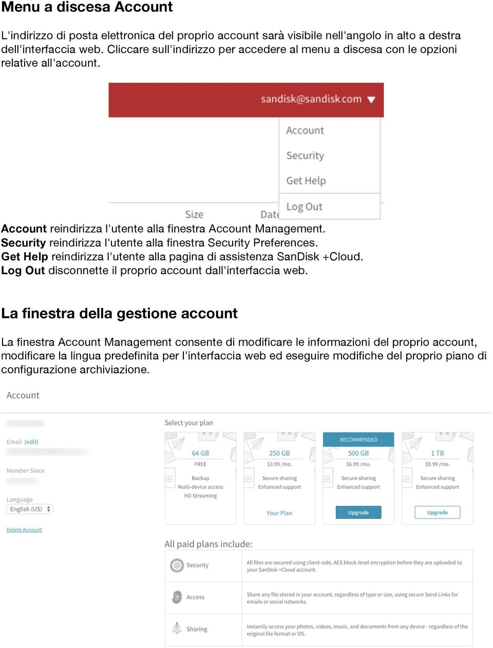 Security reindirizza l'utente alla finestra Security Preferences. Get Help reindirizza l'utente alla pagina di assistenza SanDisk +Cloud.