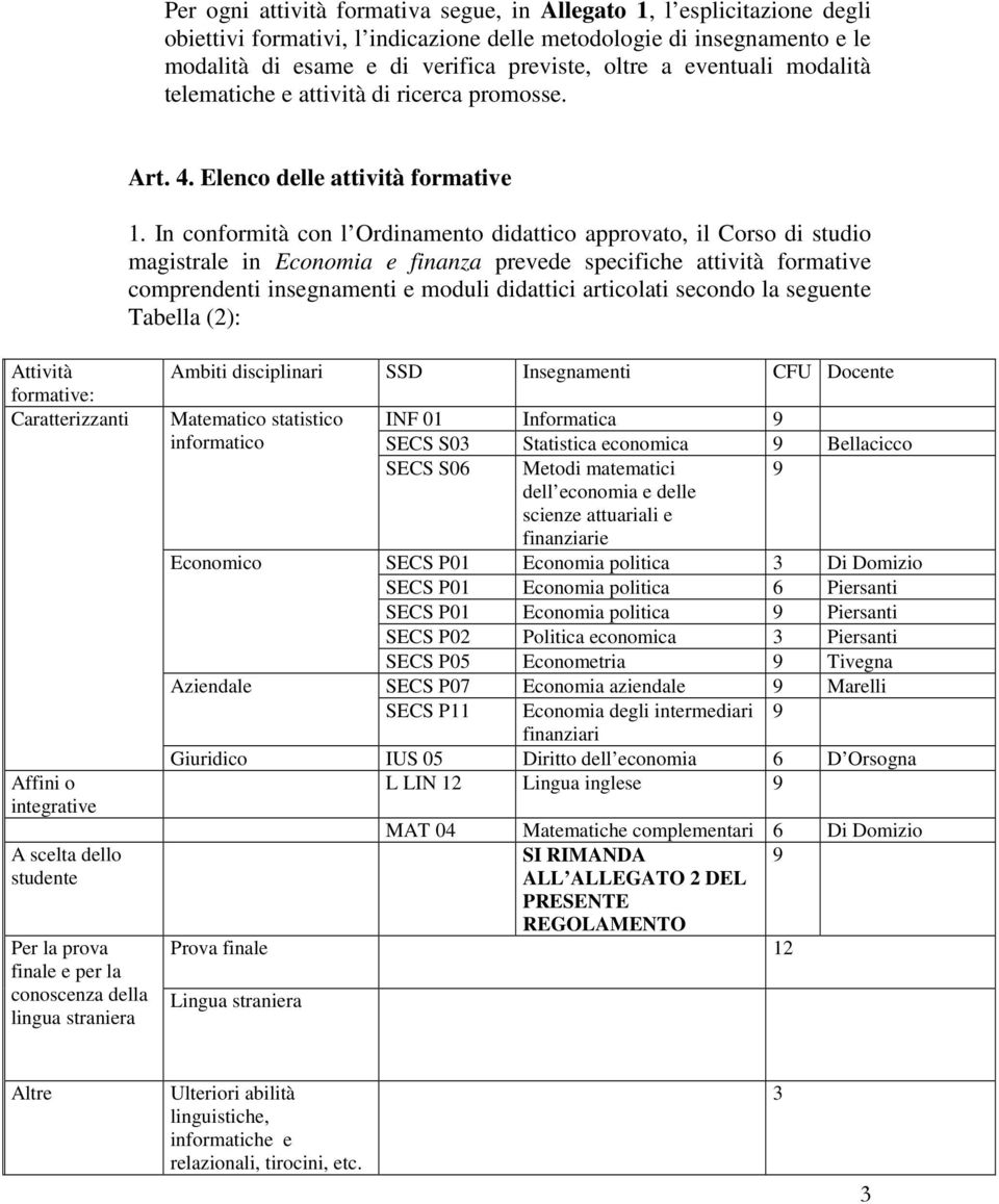 In conformità con l Ordinamento didattico approvato, il Corso di studio magistrale in Economia e finanza prevede specifiche attività formative comprendenti insegnamenti e moduli didattici articolati