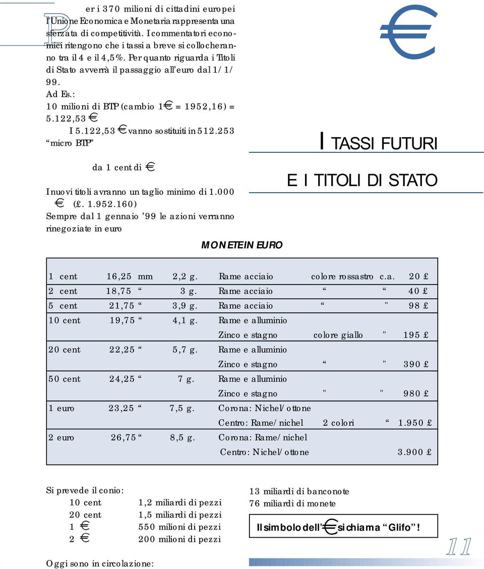 FUTURI da 1 cent di I nuovi titoli avranno un taglio minimo di 1000 ( 1952160) Sempre dal 1 gennaio 99 le azioni verranno rinegoziate in euro MONETE IN EURO E I TITOLI DI STATO 1 cent 16,25 mm 2,2 g