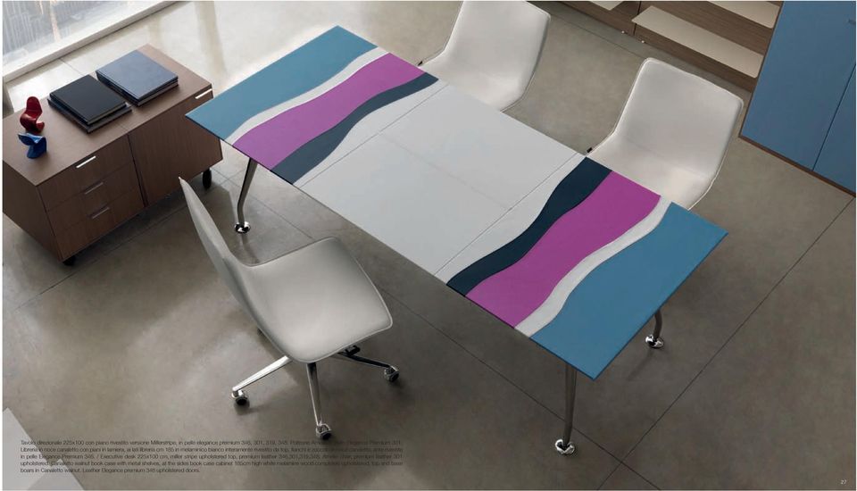 pelle Elegance Premium 346. / Executive desk 225x100 cm, miller stripe upholstered top, premium leather 346,301,319,348. Amelie chair, premium leather 301 upholstered.