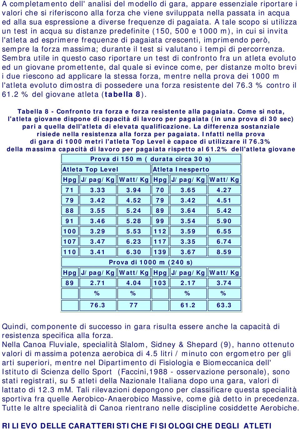 A tale scopo si utilizza un test in acqua su distanze predefinite (150, 500 e 1000 m), in cui si invita l'atleta ad esprimere frequenze di pagaiata crescenti, imprimendo però, sempre la forza