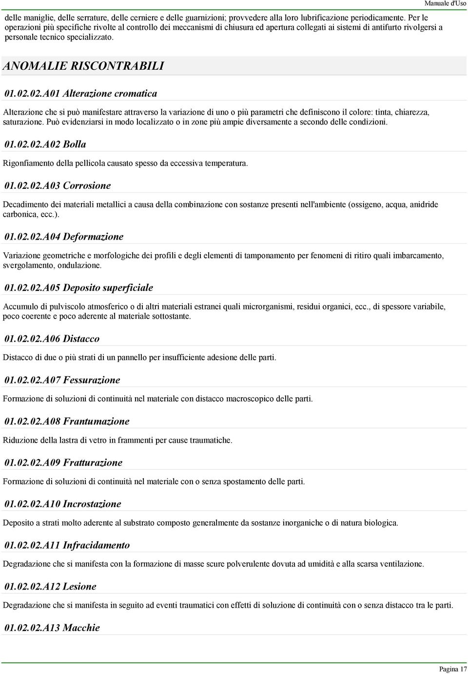 Manuale d'uso ANOMALIE RISCONTRABILI 01.02.