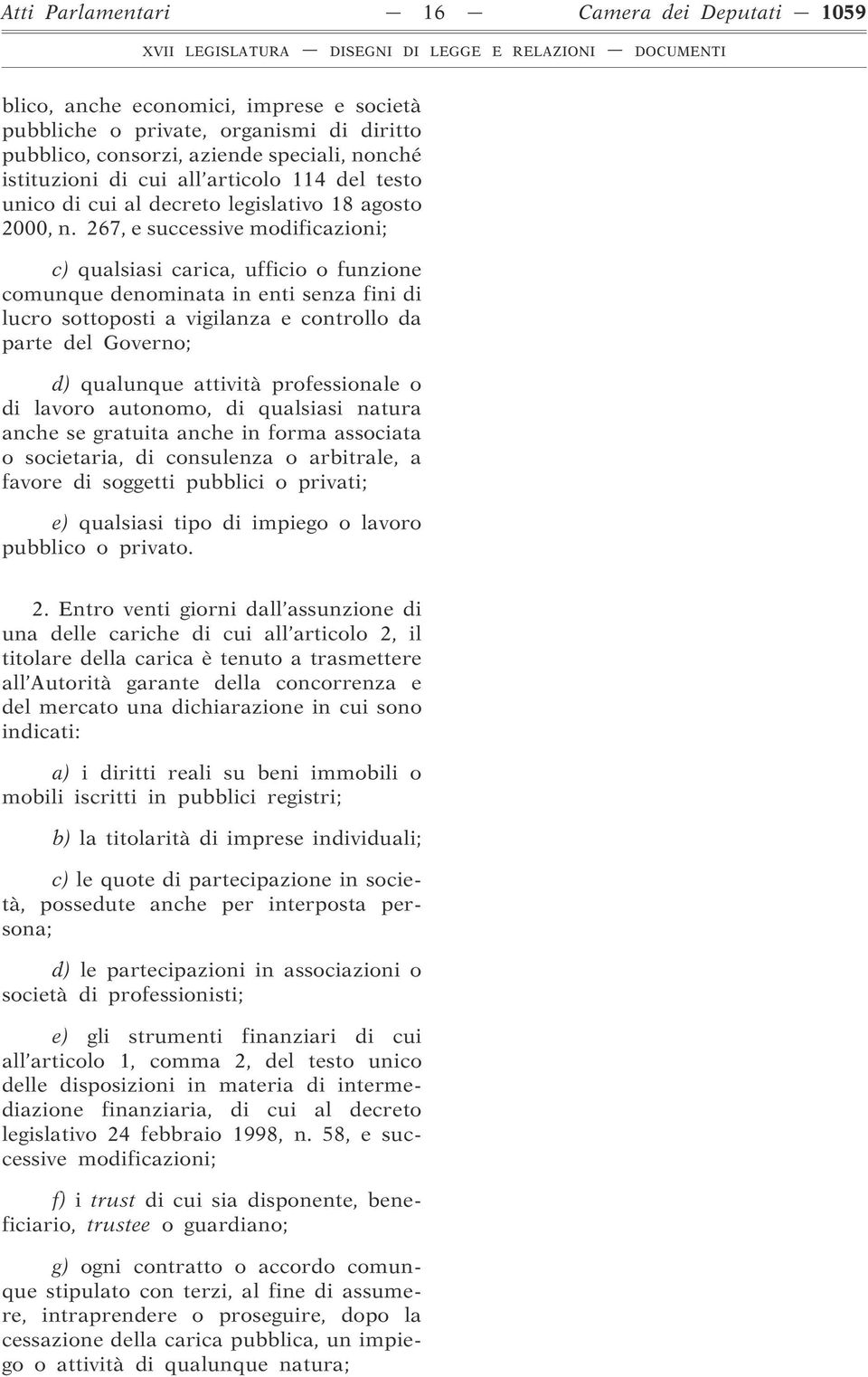 267, e successive modificazioni; c) qualsiasi carica, ufficio o funzione comunque denominata in enti senza fini di lucro sottoposti a vigilanza e controllo da parte del Governo; d) qualunque attività