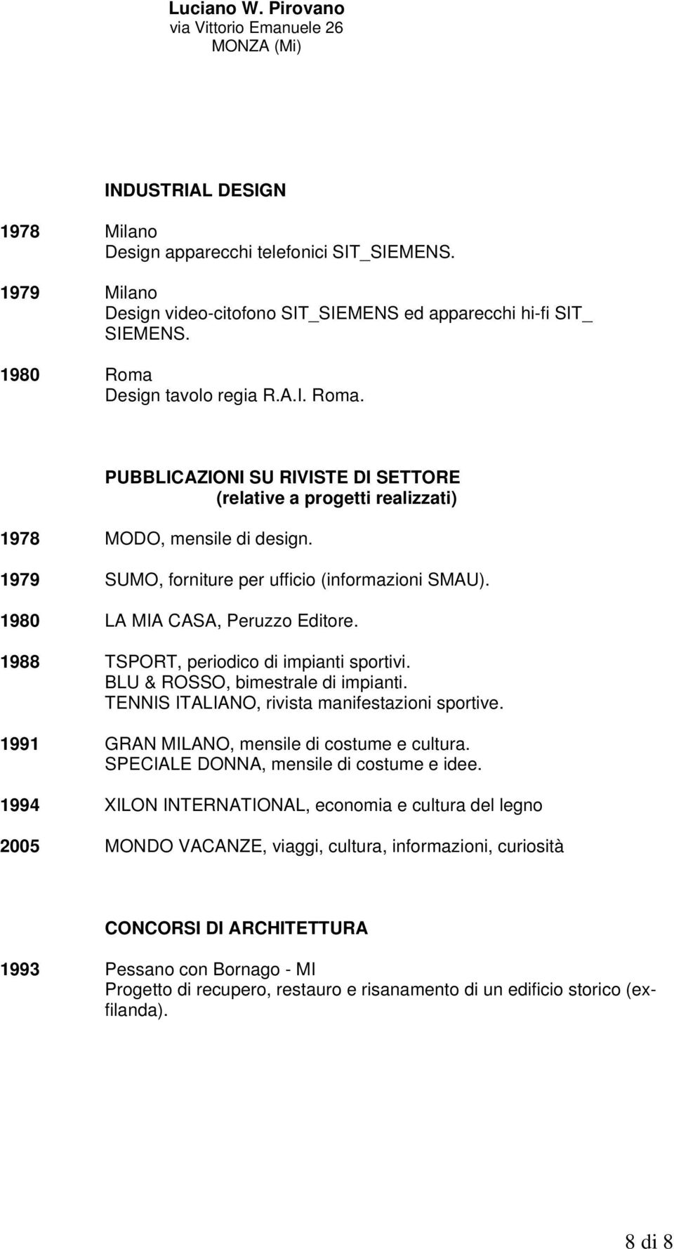 1980 LA MIA CASA, Peruzzo Editore. 1988 TSPORT, periodico di impianti sportivi. BLU & ROSSO, bimestrale di impianti. TENNIS ITALIANO, rivista manifestazioni sportive.