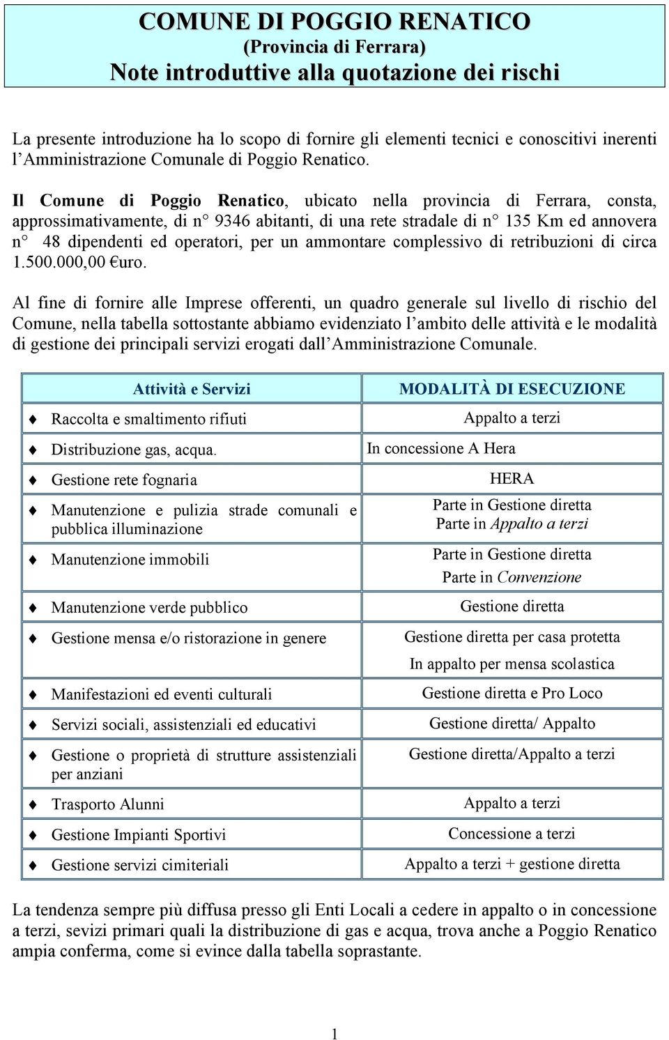 Il Comune di Poggio Renatico, ubicato nella provincia di Ferrara, consta, approssimativamente, di n 9346 abitanti, di una rete stradale di n 135 Km ed annovera n 48 dipendenti ed operatori, per un