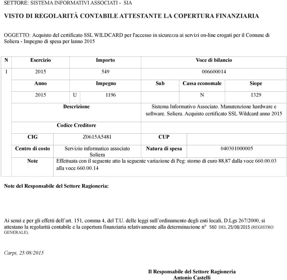 Descrizione Sistema Informativo Associato. Manutenzione hardware e software. Soliera.