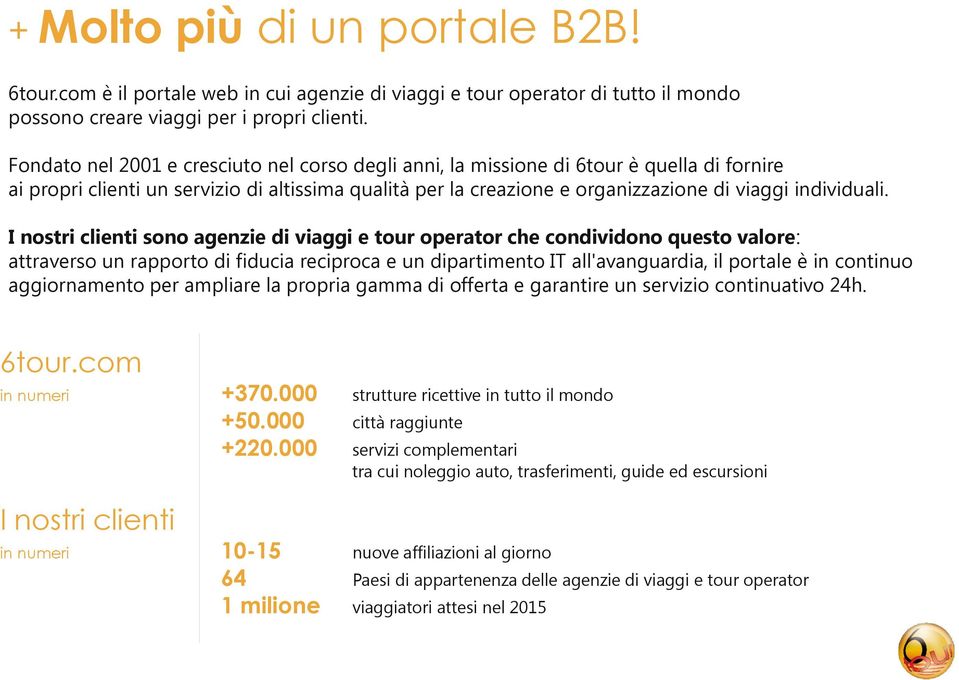 I nostri clienti sono agenzie di viaggi e tour operator che condividono questo valore: attraverso un rapporto di fiducia reciproca e un dipartimento IT all'avanguardia, il portale è in continuo