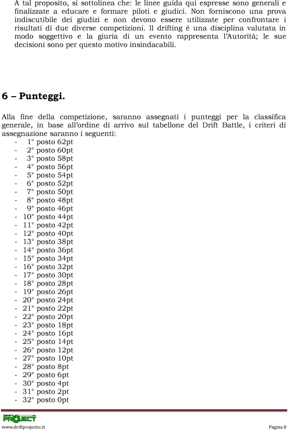Il drifting è una disciplina valutata in modo soggettivo e la giuria di un evento rappresenta l Autorità; le sue decisioni sono per questo motivo insindacabili. 6 Punteggi.