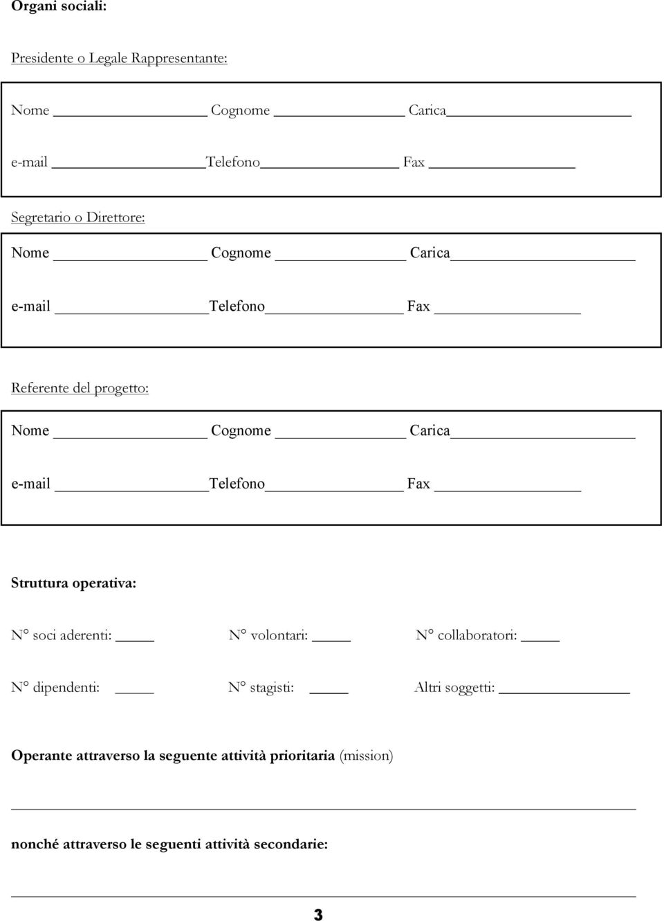 Fax Struttura operativa: N soci aderenti: N volontari: N collaboratori: N dipendenti: N stagisti: Altri