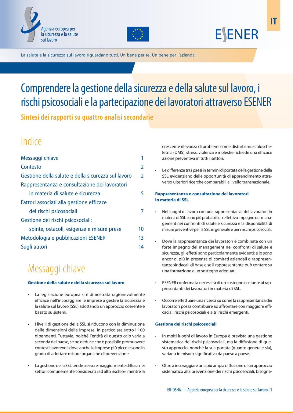 Messaggi chiave 1 Contesto 2 Gestione della salute e della sicurezza sul lavoro 2 Rappresentanza e consultazione dei lavoratori in materia di salute e sicurezza 5 Fattori associati alla gestione