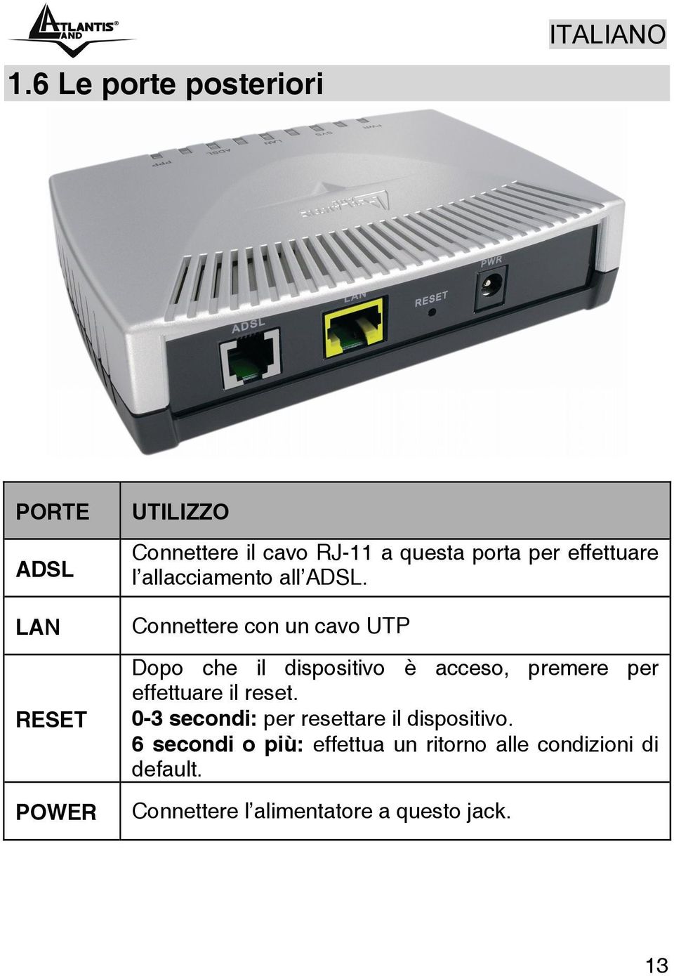 Connettere con un cavo UTP Dopo che il dispositivo è acceso, premere per effettuare il reset.