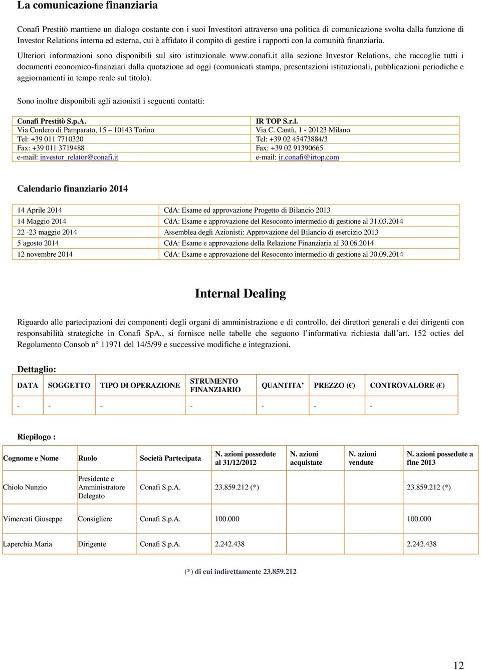 it alla sezione Investor Relations, che raccoglie tutti i documenti economico-finanziari dalla quotazione ad oggi (comunicati stampa, presentazioni istituzionali, pubblicazioni periodiche e