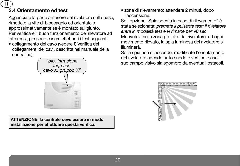 della centralina). bip, intrusione ingresso cavo X, gruppo X zona di rilevamento: attendere 2 minuti, dopo l accensione.