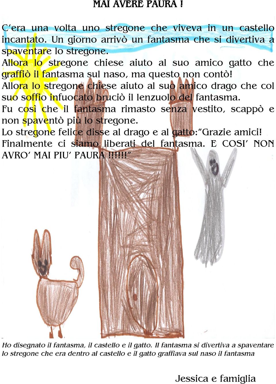 Allora lo stregone chiese aiuto al suo amico drago che col suo soffio infuocato bruciò il lenzuolo del fantasma. Fu così che il fantasma rimasto senza vestito, scappò e non spaventò più lo stregone.