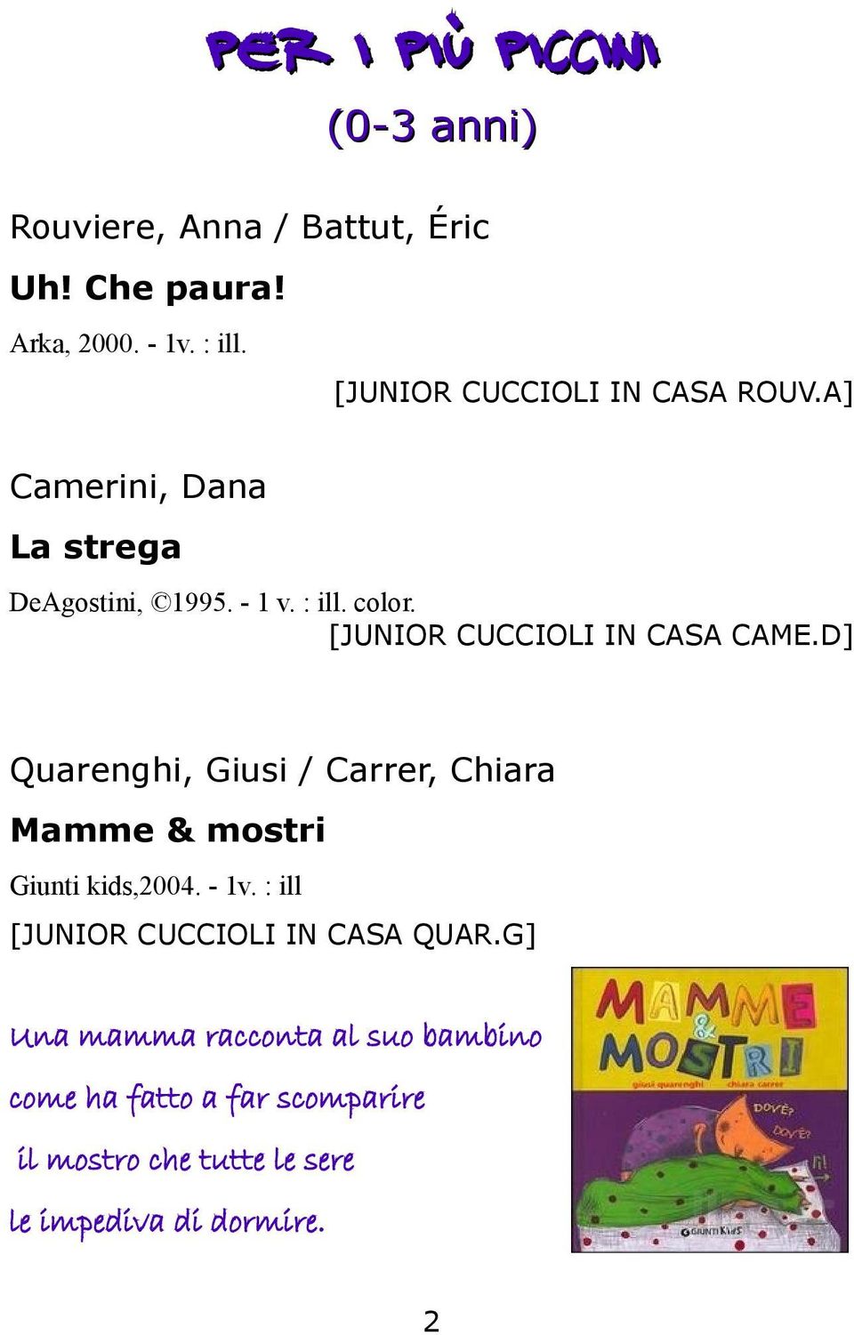 [JUNIOR CUCCIOLI IN CASA CAME.D] Quarenghi, Giusi / Carrer, Chiara Mamme & mostri Giunti kids,2004. - 1v.