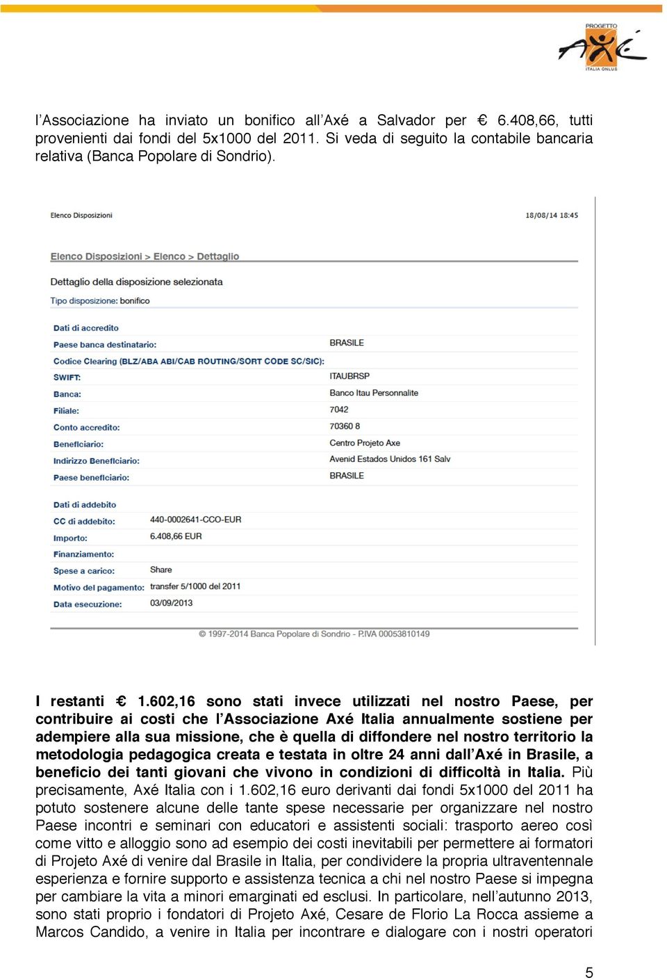 602,16 sono stati invece utilizzati nel nostro Paese, per contribuire ai costi che l Associazione Axé Italia annualmente sostiene per adempiere alla sua missione, che è quella di diffondere nel