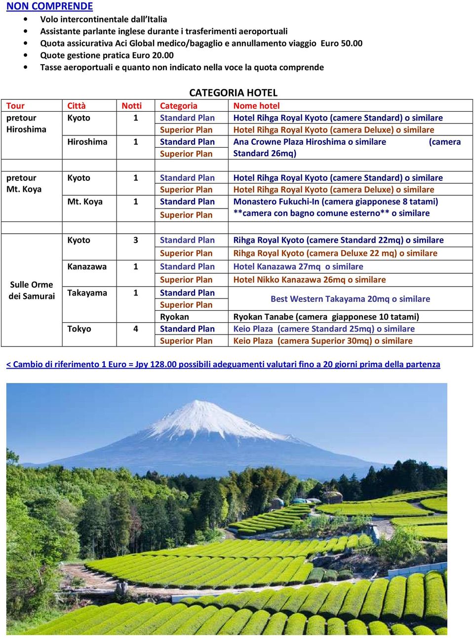 00 Tasse aeroportuali e quanto non indicato nella voce la quota comprende CATEGORIA HOTEL Tour Città Notti Categoria Nome hotel pretour Kyoto 1 Standard Plan Hotel Rihga Royal Kyoto (camere Standard)