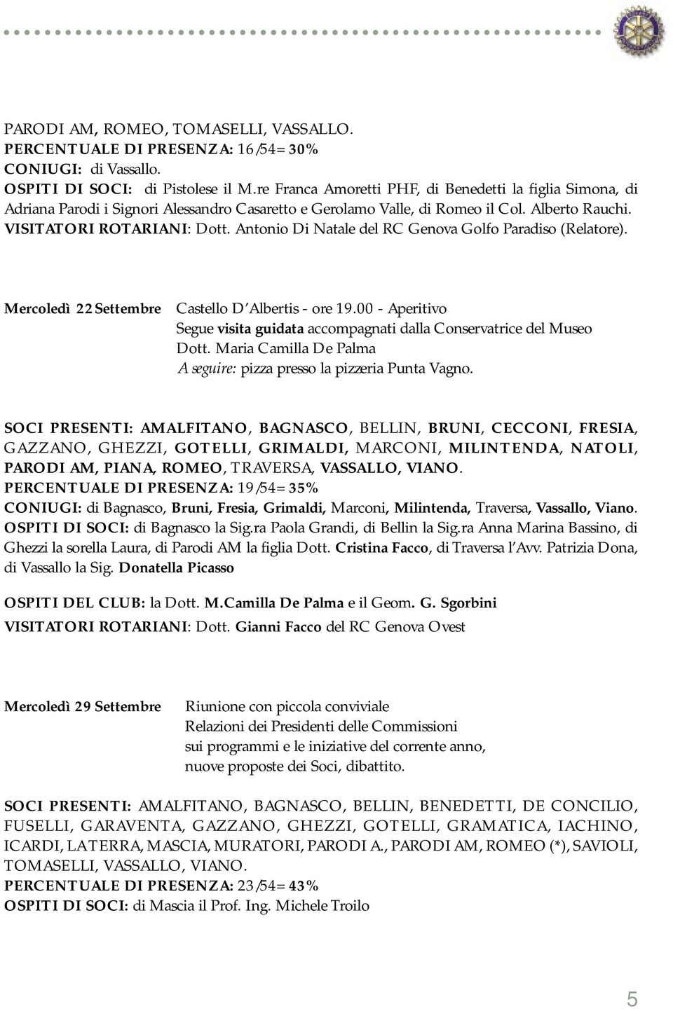 Antonio Di Natale del RC Genova Golfo Paradiso (Relatore). Mercoledì 22Settembre Castello D Albertis - ore 19.00 - Aperitivo Segue visita guidata accompagnati dalla Conservatrice del Museo Dott.