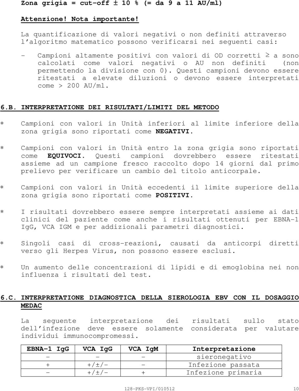 come valori negativi o AU non definiti (non permettendo la divisione con 0). Questi campioni devono essere ritestati a elevate diluzioni o devono essere interpretati come > 200 AU/ml. 6.B.