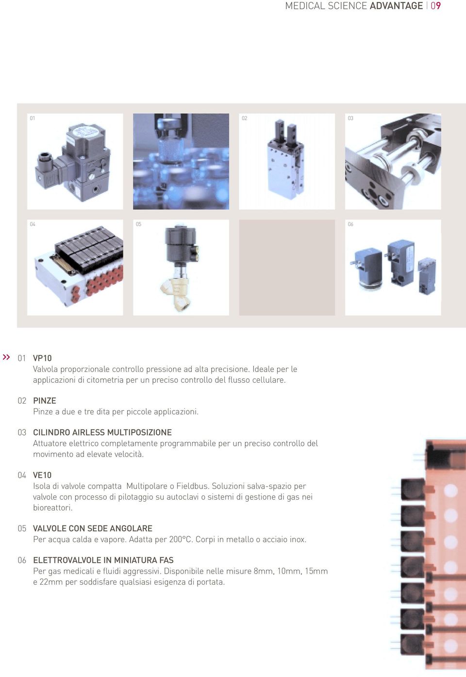 03 CILINDRO AIRLESS MULTIPOSIZIONE Attuatore elettrico completamente programmabile per un preciso controllo del movimento ad elevate velocità. 04 VE10 Isola di valvole compatta Multipolare o Fieldbus.