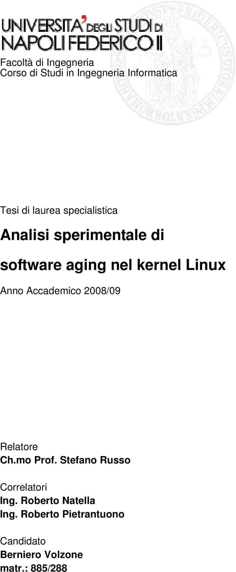 2008/09 Relatore Ch.mo Prof. Stefano Russo Correlatori Ing.