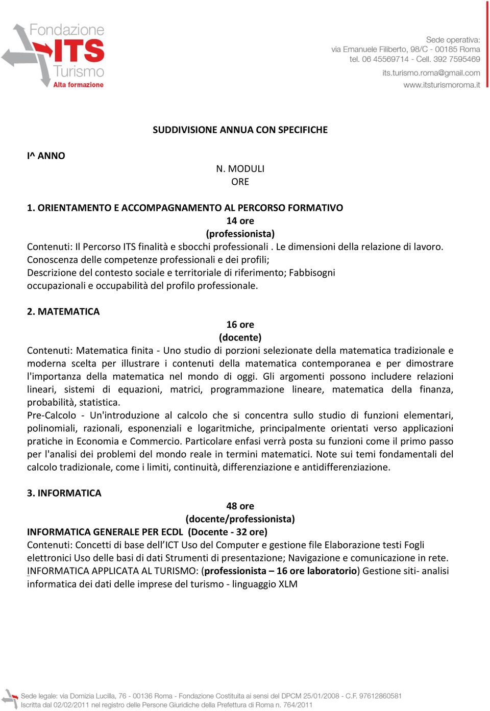 Conoscenza delle competenze professionali e dei profili; Descrizione del contesto sociale e territoriale di riferimento; Fabbisogni occupazionali e occupabilità del profilo professionale. 2.