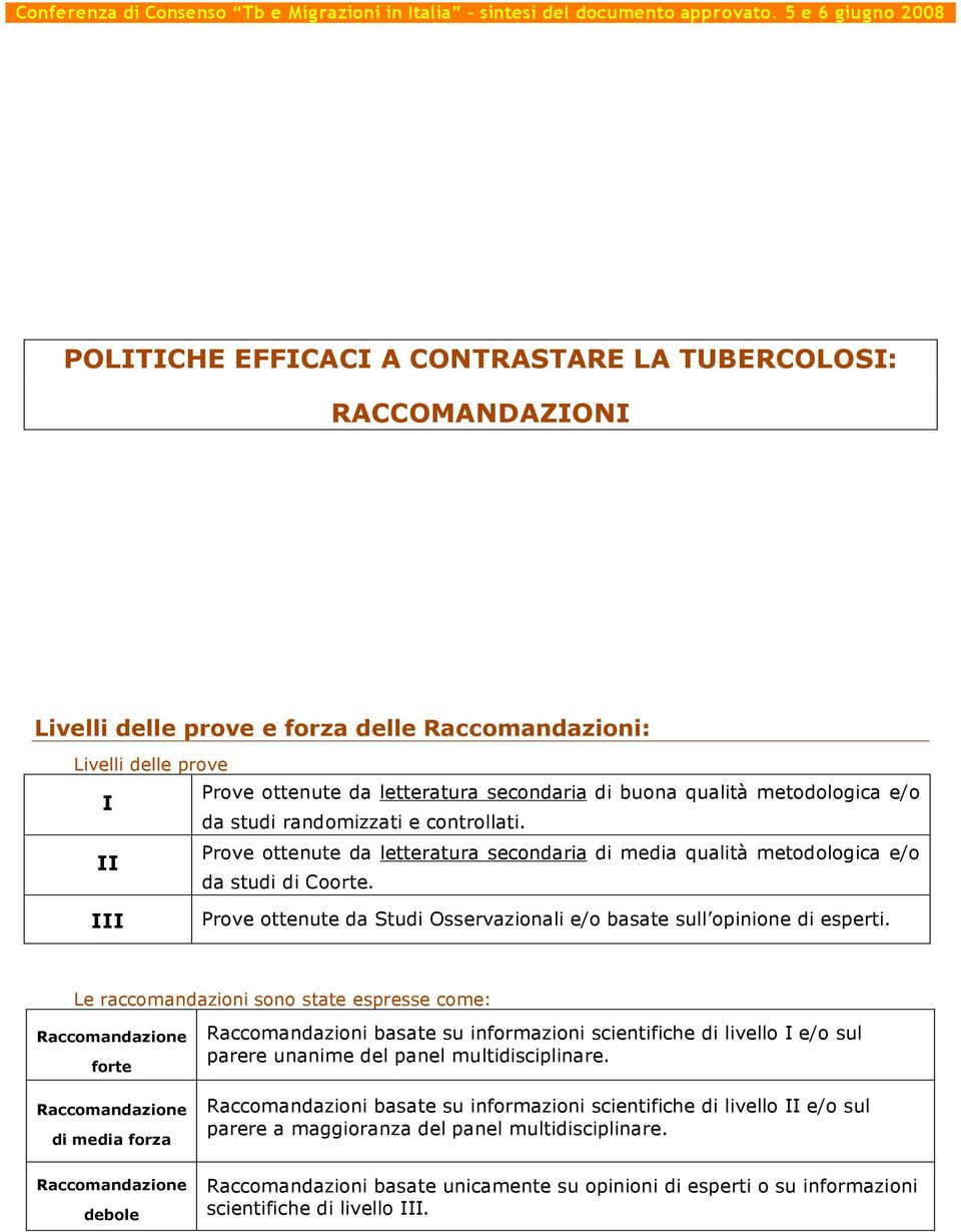 III Prove ottenute da Studi Osservazionali e/o basate sull opinione di esperti.