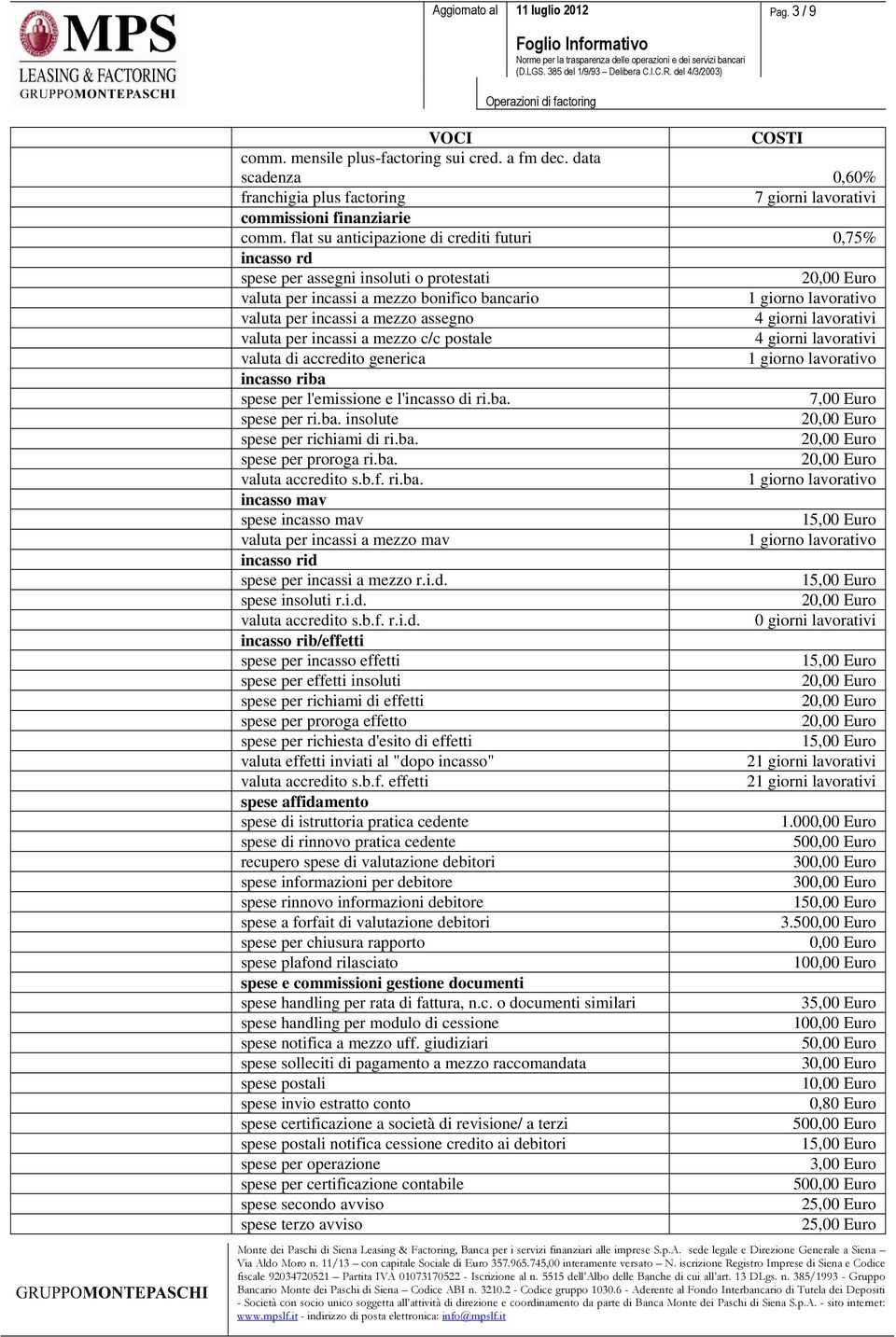 mezzo c/c postale valuta di accredito generica incasso riba spese per l'emissione e l'incasso di ri.ba. 7,00 Euro spese per ri.ba. insolute spese per richiami di ri.ba. spese per proroga ri.ba. valuta accredito s.