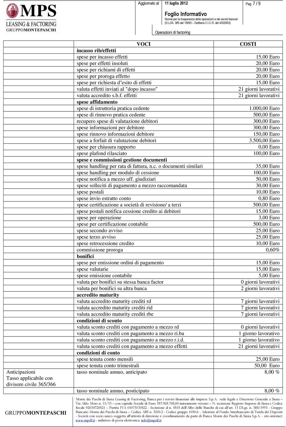 000,00 Euro spese di rinnovo pratica cedente recupero spese di valutazione debitori spese informazioni per debitore spese rinnovo informazioni debitore 1 spese a forfait di valutazione debitori 3.