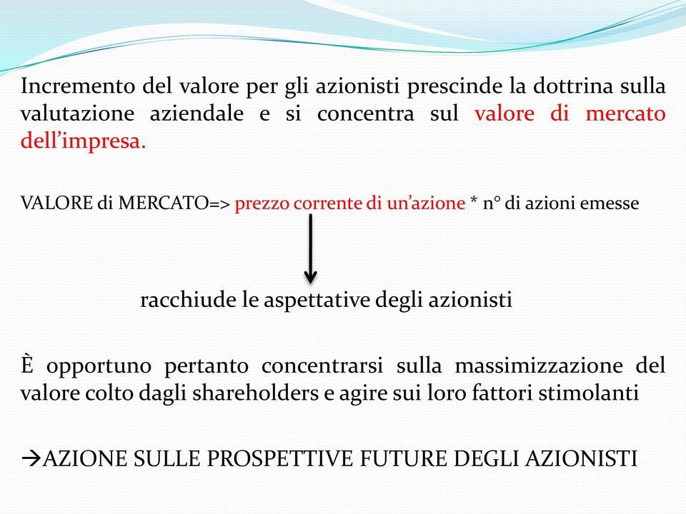 VALORE di MERCATO=> prezzo corrente di un azione * n di azioni emesse racchiude le aspettative degli