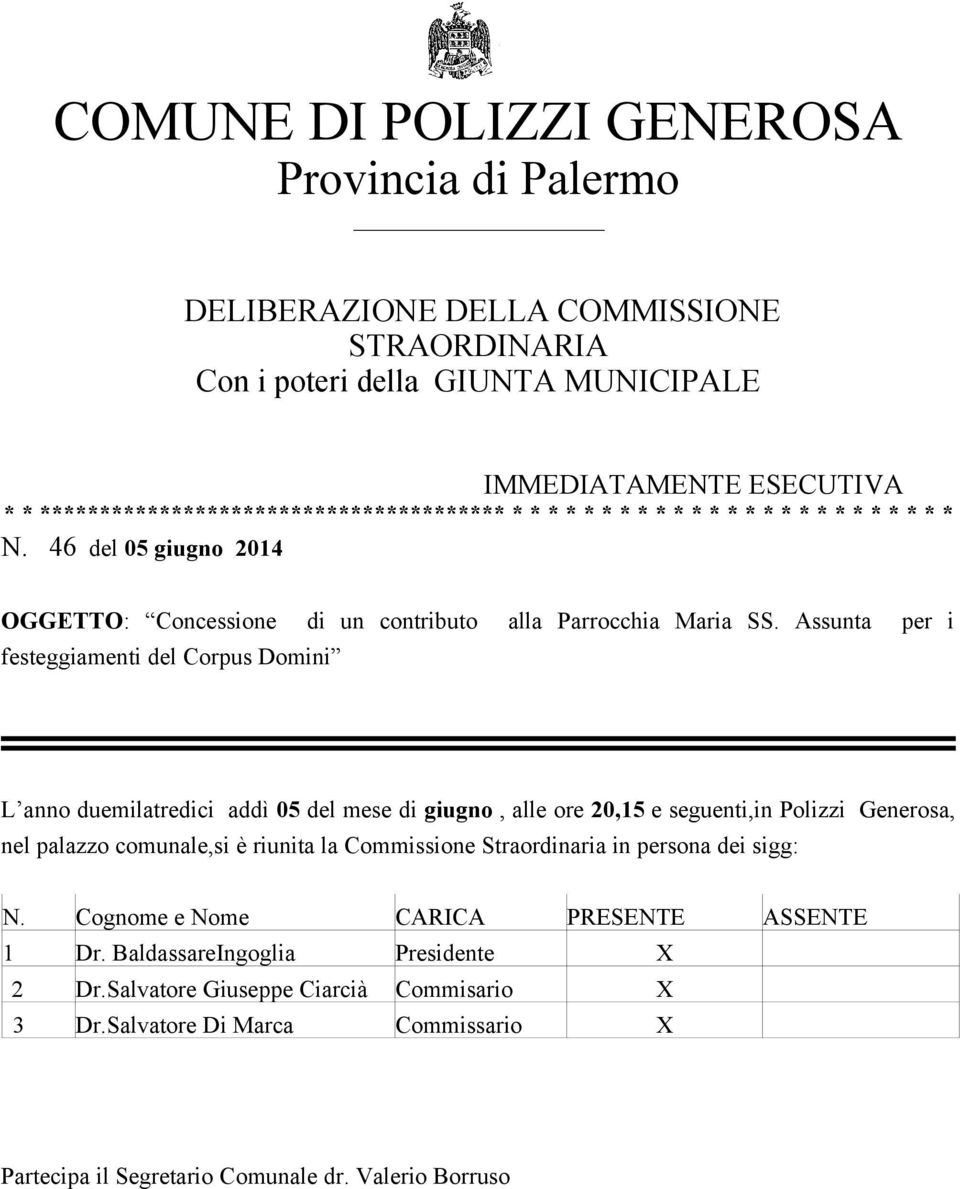 Assunta per i festeggiamenti del Corpus Domini L anno duemilatredici addì 05 del mese di giugno, alle ore 20,15 e seguenti,in Polizzi Generosa, nel palazzo comunale,si è riunita la Commissione