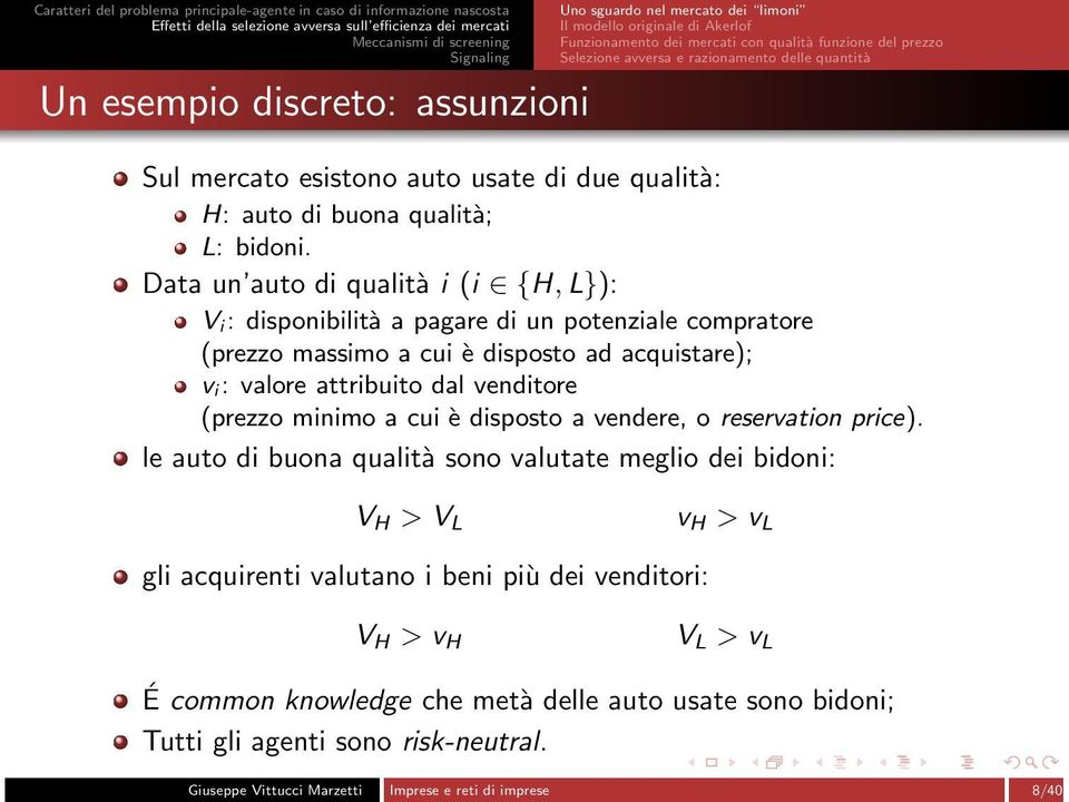 Data un auto di qualità i (i {H,L}): V i: disponibilità a pagare di un potenziale compratore (prezzo massimo a cui è disposto ad acquistare); v i: valore attribuito dal venditore (prezzo minimo a cui