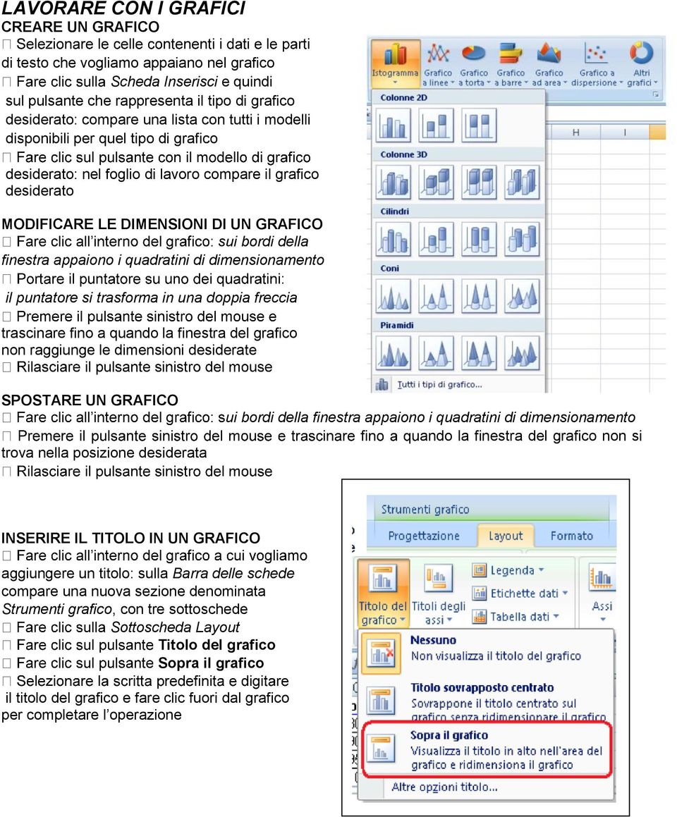 dimensionamento il puntatore si trasforma in una doppia freccia trascinare fino a quando la finestra del grafico non raggiunge le dimensioni desiderate SPOSTARE UN GRAFICO trova nella posizione