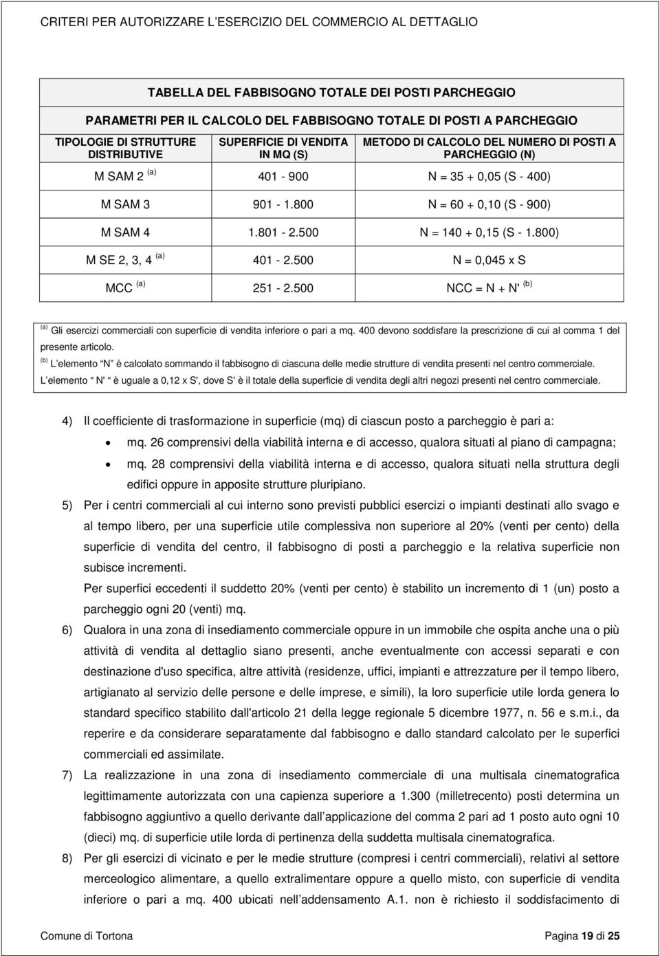 800) M SE 2, 3, 4 (a) 401-2.500 N = 0,045 x S MCC (a) 251-2.500 NCC = N + N' (b) (a) Gli esercizi commerciali con superficie di vendita inferiore o pari a mq.