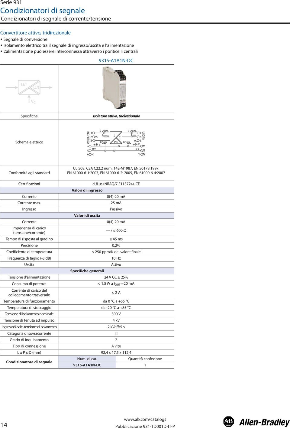 142-M1987, EN 50178:1997, EN 61000-6-1:2007, EN 61000-6-2: 2005, EN 61000-6-4:2007 Certificazioni culus (NRAQ/7.E113724), CE Valori di ingresso 0(4)-20 ma max.