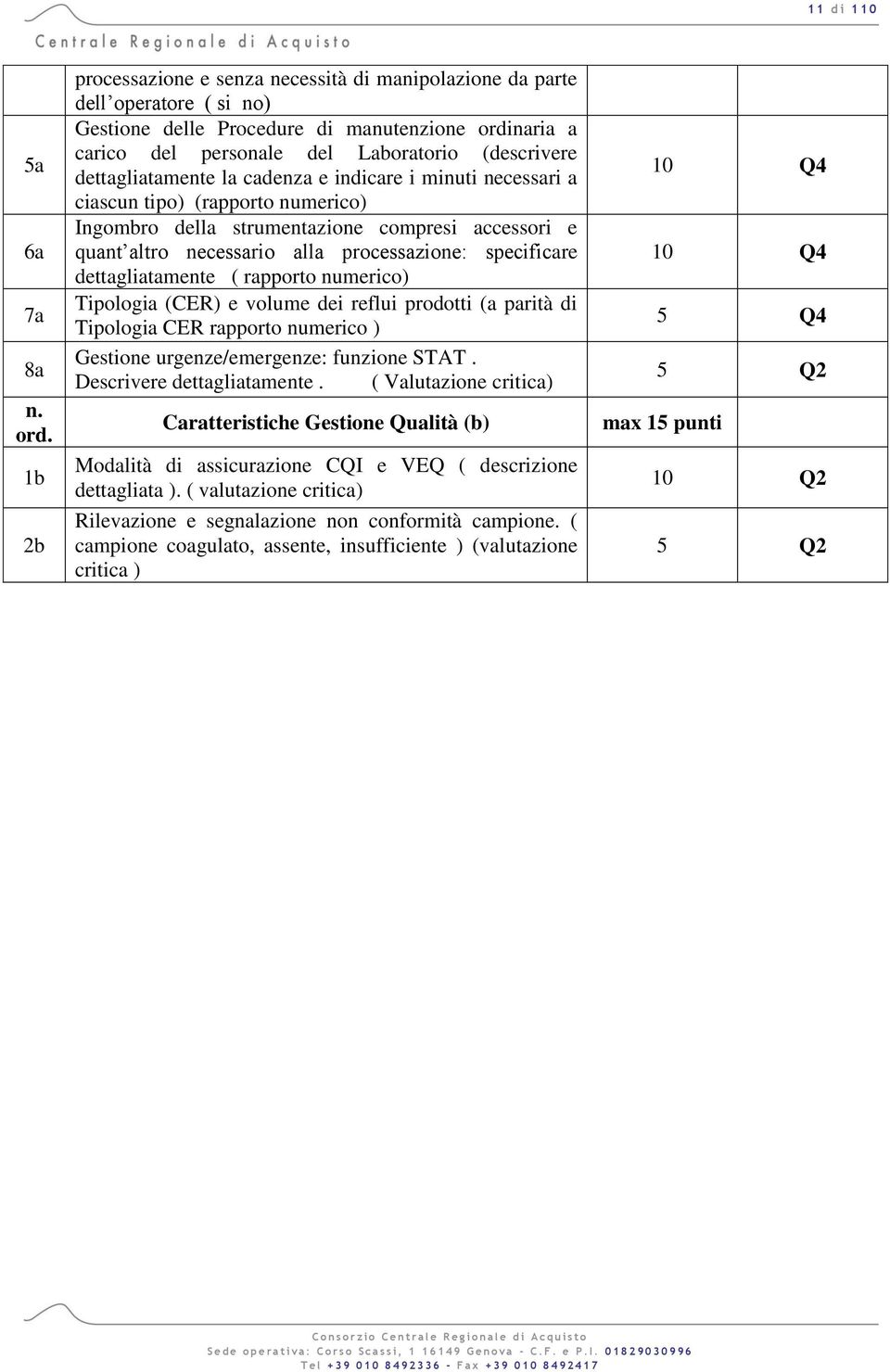 dettagliatamente la cadenza e indicare i minuti necessari a ciascun tipo) (rapporto numerico) Ingombro della strumentazione compresi accessori e quant altro necessario alla processazione: specificare