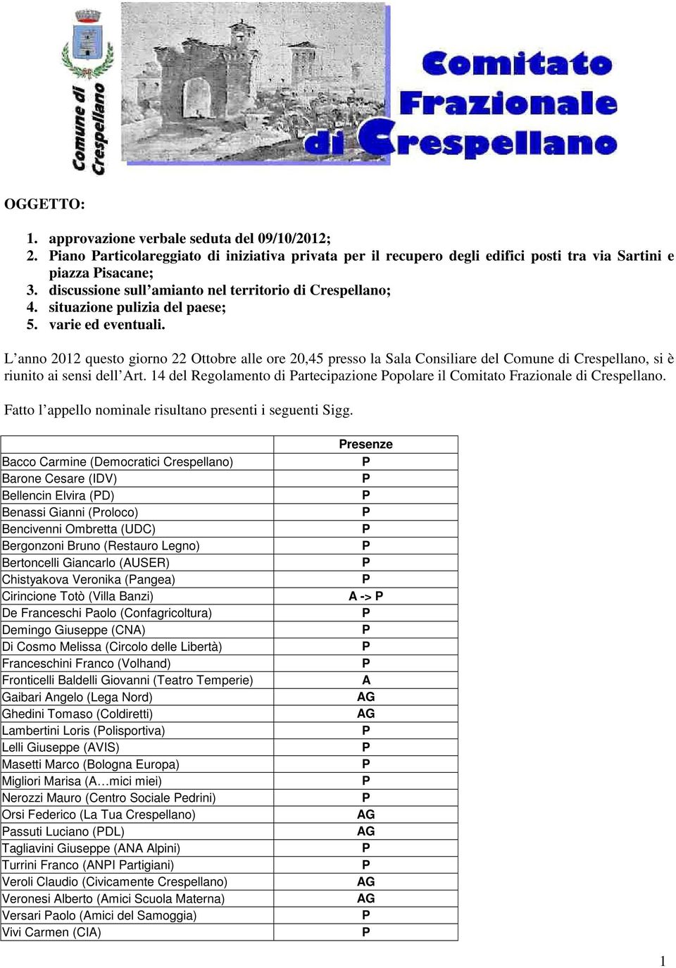 L anno 2012 questo giorno 22 Ottobre alle ore 20,45 presso la Sala Consiliare del Comune di Crespellano, si è riunito ai sensi dell Art.