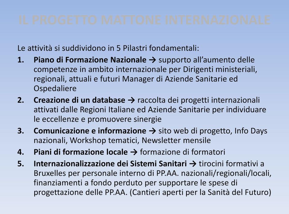 Creazione di un database raccolta dei progetti internazionali attivati dalle Regioni Italiane ed Aziende Sanitarie per individuare le eccellenze e promuovere sinergie 3.