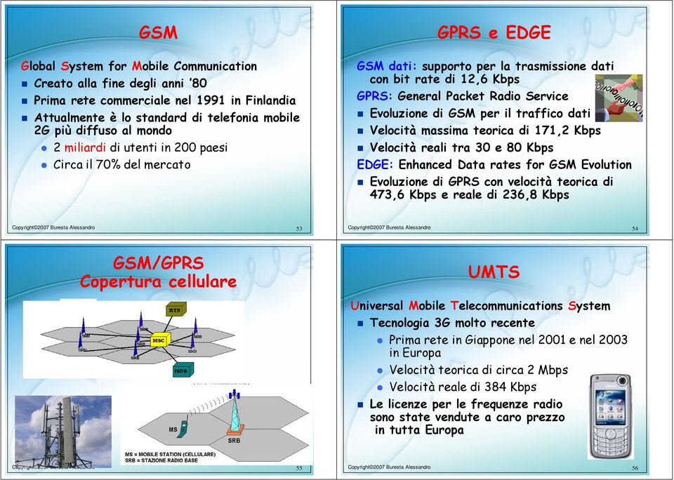 dati Velocità massima teorica di 171,2 Kbps Velocità reali tra 30 e 80 Kbps EDGE: Enhanced Data rates for GSM Evolution Evoluzione di GPRS con velocità teorica di 473,6 Kbps e reale di 236,8 Kbps 53