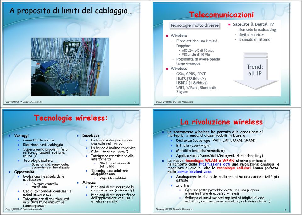 costi Integrazione di soluzioni std in architetture innovative (convergenza) Debolezze La banda è sempre minore che nelle reti wired La banda è inoltre condivisa ( dominio di collisione ) Intrinseca