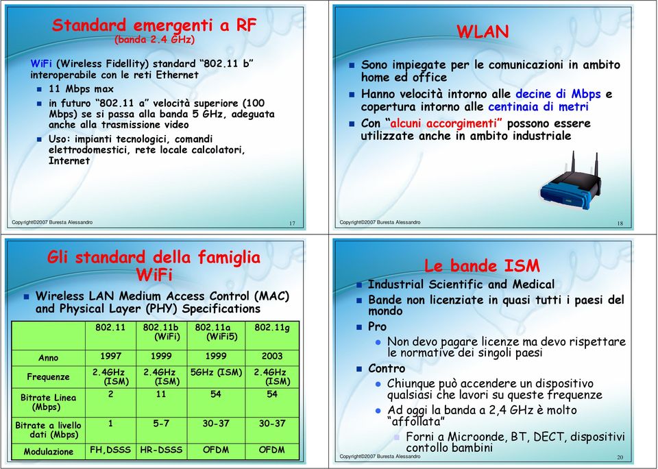 Sono impiegate per le comunicazioni in ambito home ed office Hanno velocità intorno alle decine di Mbps e copertura intorno alle centinaia di metri Con alcuni accorgimenti possono essere utilizzate