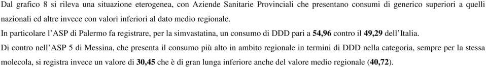 In particolare l ASP di Palermo fa registrare, per la simvastatina, un consumo di DDD pari a 54,96 contro il 49,29 dell Italia.