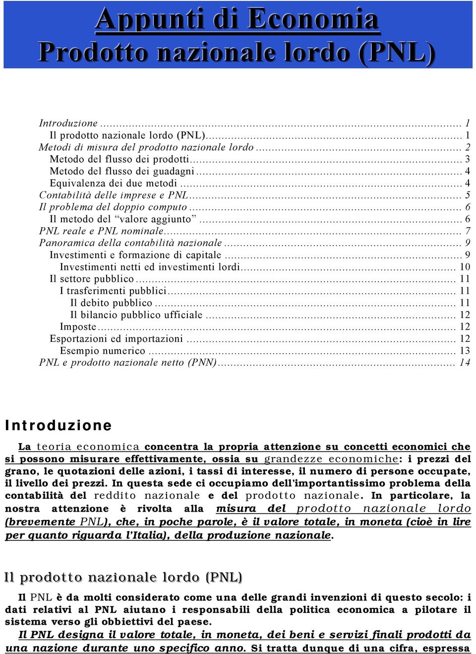 .. 6 PNL reale e PNL nominale... 7 Panoramica della contabilità nazionale... 9 Investimenti e formazione di capitale... 9 Investimenti netti ed investimenti lordi... 10 Il settore pubblico.