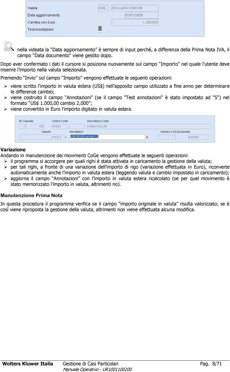 Premendo Invio sul campo Importo vengono effettuate le seguenti operazioni: viene scritto l importo in valuta estera (US$) nell apposito campo utilizzato a fine anno per determinare le differenze