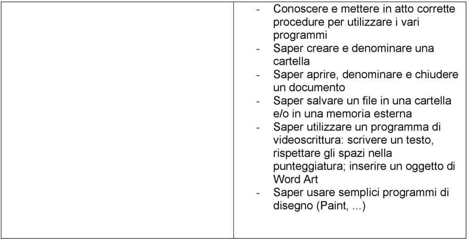 in una memoria esterna - Saper utilizzare un programma di videoscrittura: scrivere un testo, rispettare gli