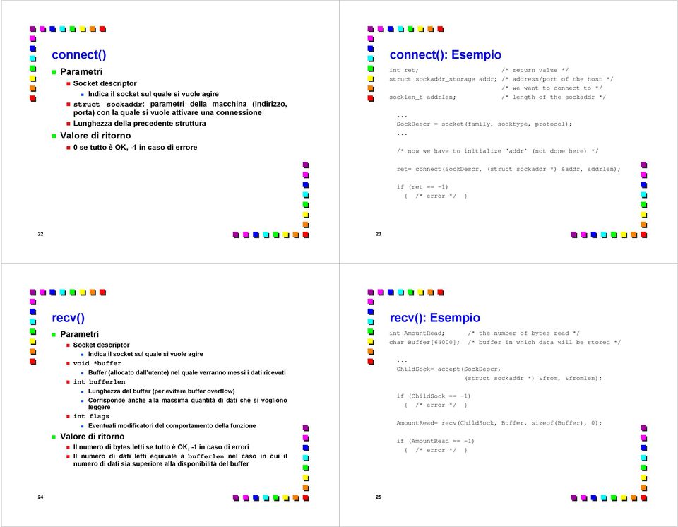 socket(family, socktype, protocol); /* now we have to initialize addr (not done here) */ ret= connect(sockdescr, (struct sockaddr *) &addr, addrlen); if (ret == -1) 22 23 recv() void *buffer Buffer