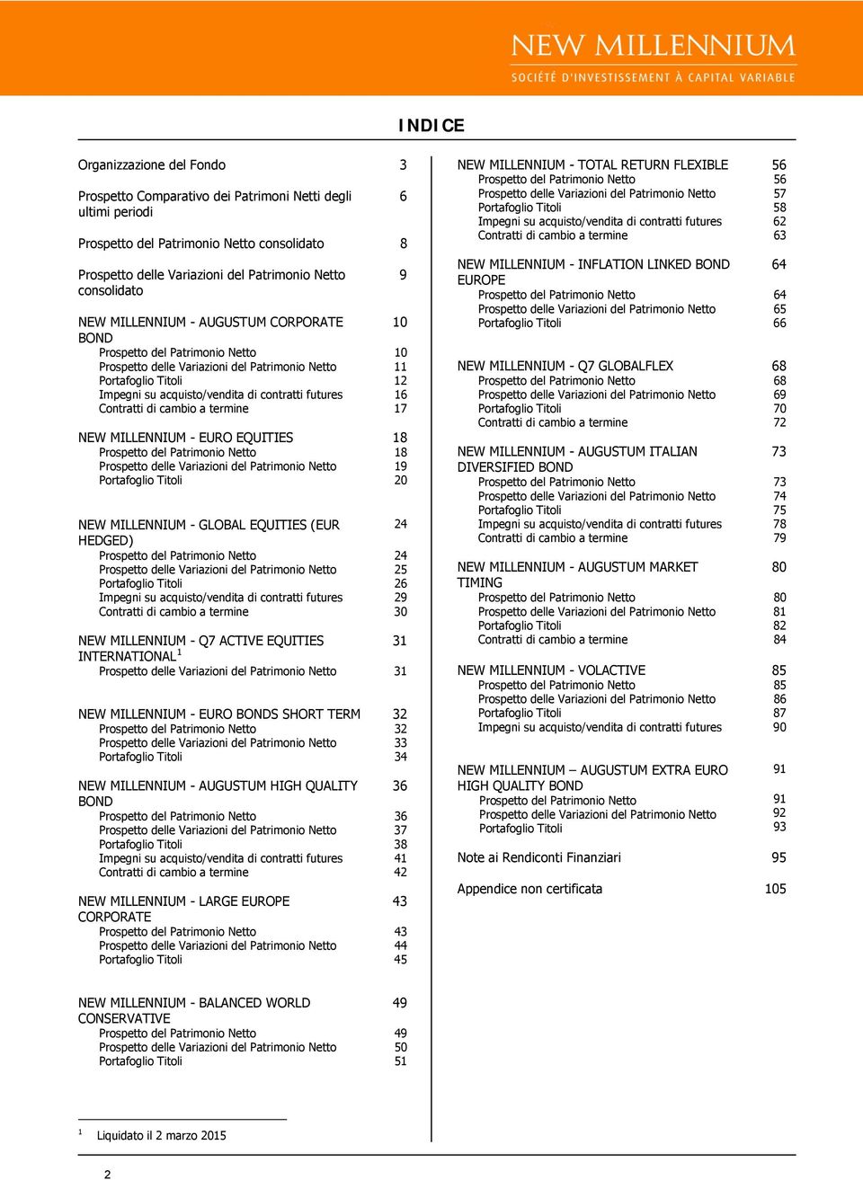 contratti futures 16 Contratti di cambio a termine 17 NEW MILLENNIUM - EURO EQUITIES 18 Prospetto del Patrimonio Netto 18 Prospetto delle Variazioni del Patrimonio Netto 19 Portafoglio Titoli 20 NEW