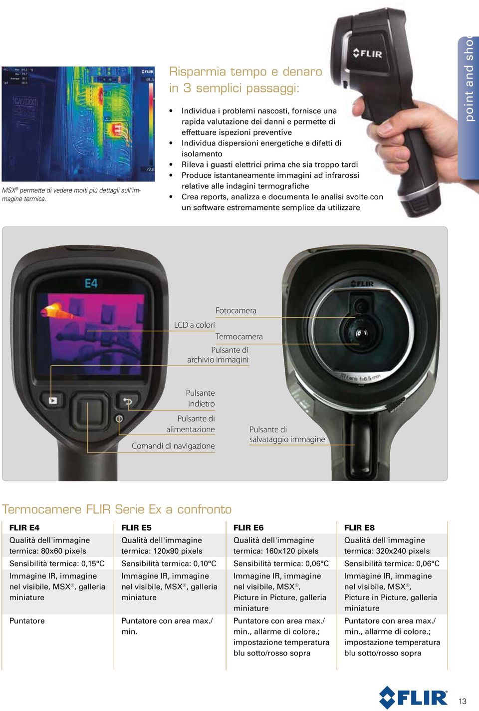 energetiche e difetti di isolamento Rileva i guasti elettrici prima che sia troppo tardi Produce istantaneamente immagini ad infrarossi relative alle indagini termografiche Crea reports, analizza e