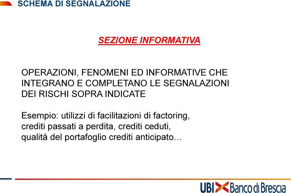 SOPRA INDICATE Esempio: utilizzi di facilitazioni di factoring,