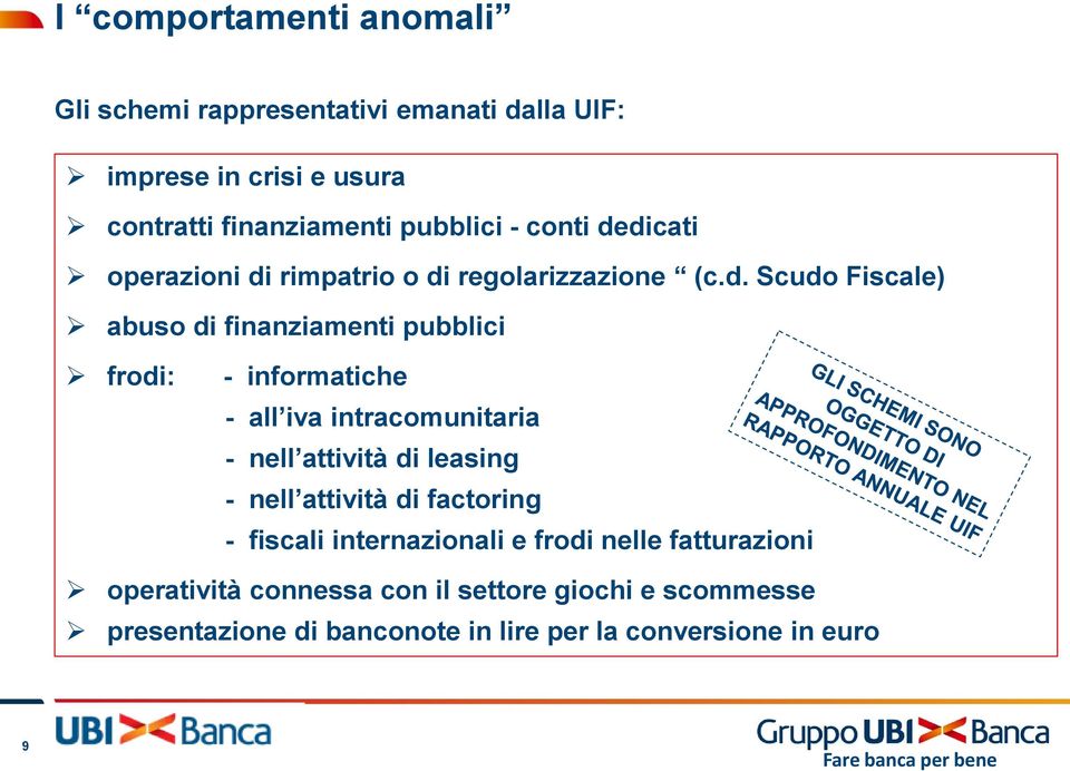 dicati operazioni di rimpatrio o di regolarizzazione (c.d. Scudo Fiscale) abuso di finanziamenti pubblici frodi: - informatiche -